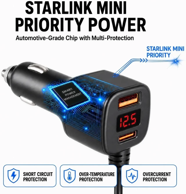 Alt view image 6 of 7 - 3-in-1 Starlink Mini Car Adapter, 105W Boost Car Charger, Dual USB, Display