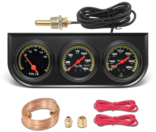 Main image of 2inch 52mm Triple Gauge Set, Oil Pressure Gauge (0-150PSI) Water Temperature (100°F-250°F) Voltmeter Car Auto 3 Gauges kit