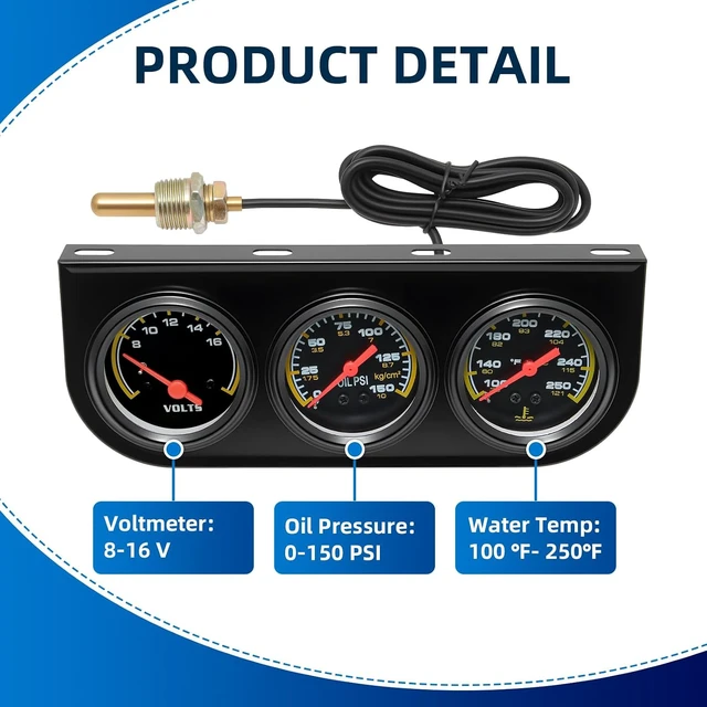 Alt view image 2 of 7 - 2inch 52mm Triple Gauge Set, Oil Pressure Gauge (0-150PSI) Water Temperature (100°F-250°F) Voltmeter Car Auto 3 Gauges kit