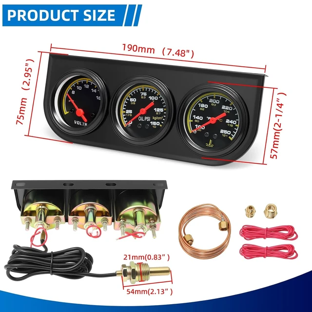 Alt view image 3 of 7 - 2inch 52mm Triple Gauge Set, Oil Pressure Gauge (0-150PSI) Water Temperature (100°F-250°F) Voltmeter Car Auto 3 Gauges kit