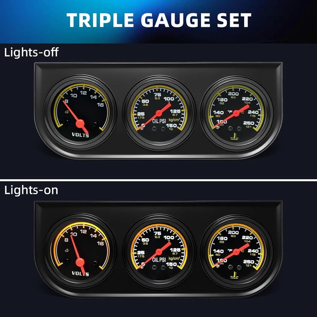 Alt view image 4 of 7 - 2inch 52mm Triple Gauge Set, Oil Pressure Gauge (0-150PSI) Water Temperature (100°F-250°F) Voltmeter Car Auto 3 Gauges kit