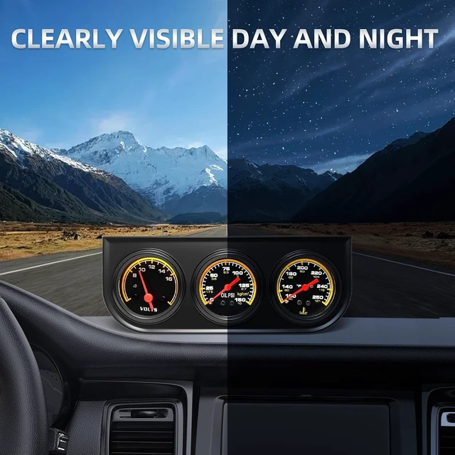 Alt view image 5 of 7 - 2inch 52mm Triple Gauge Set, Oil Pressure Gauge (0-150PSI) Water Temperature (100°F-250°F) Voltmeter Car Auto 3 Gauges kit