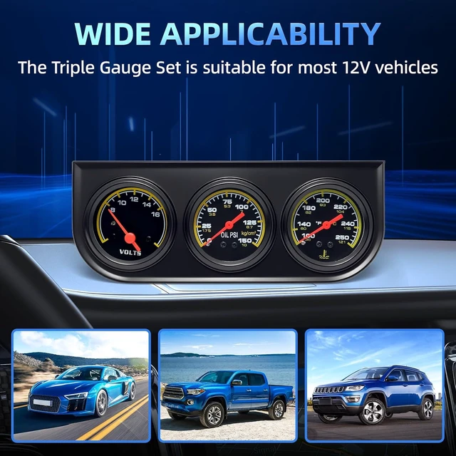 Alt view image 6 of 7 - 2inch 52mm Triple Gauge Set, Oil Pressure Gauge (0-150PSI) Water Temperature (100°F-250°F) Voltmeter Car Auto 3 Gauges kit