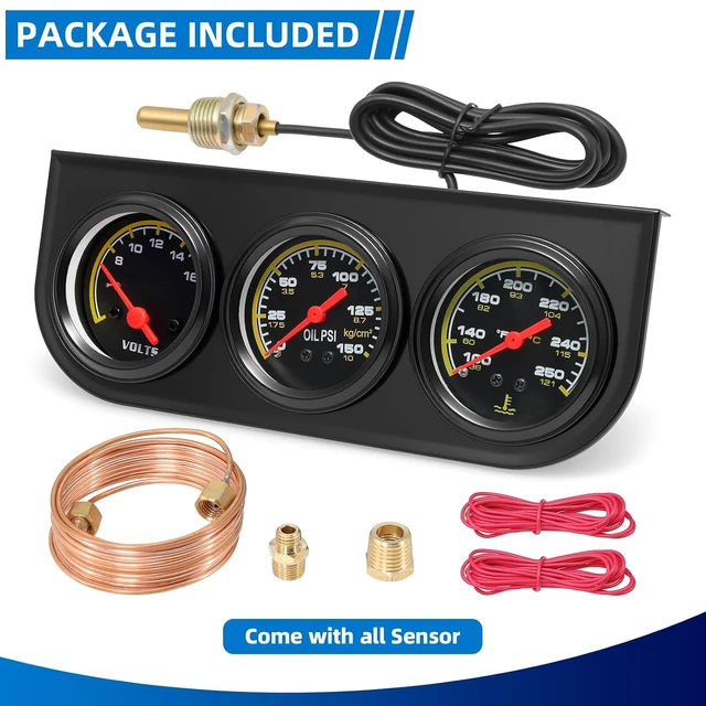 Alt view image 7 of 7 - 2inch 52mm Triple Gauge Set, Oil Pressure Gauge (0-150PSI) Water Temperature (100°F-250°F) Voltmeter Car Auto 3 Gauges kit
