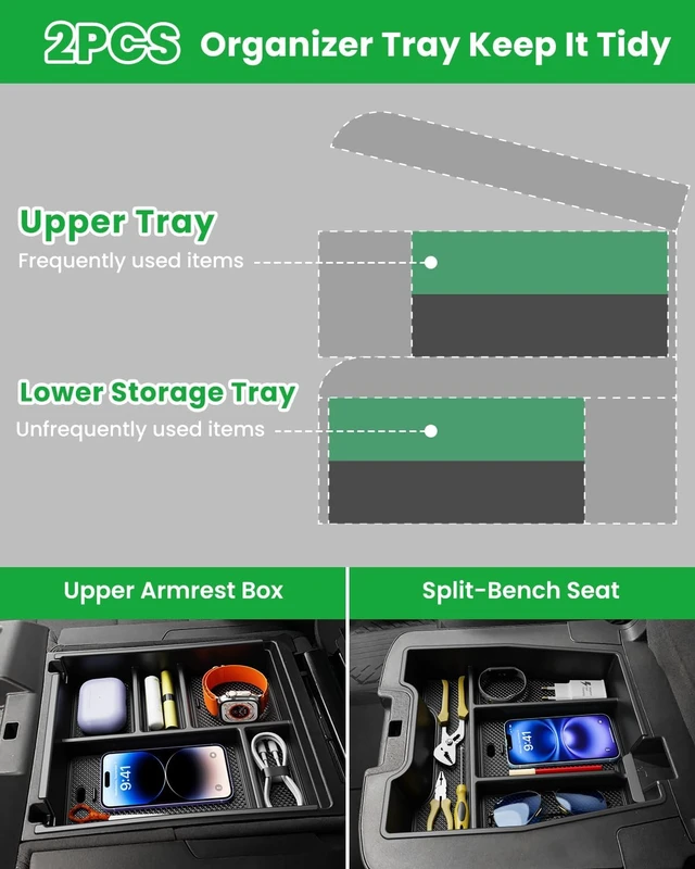 Alt view image 3 of 7 - Center Console Organizer, 2PCS Storage Tray Compatible with 2019-2025 Chevy Silverado/GMC Sierra 1500 & 2020-2025 Chevy Silverado/Sierra 2500HD 3500HD (Split-Bench Folding Seat)-Black