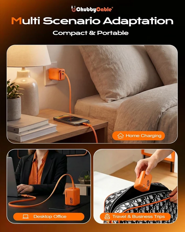 Alt view image 7 of 7 - 65W GaN Wall Charger with Retractable USB C Cable, Orange