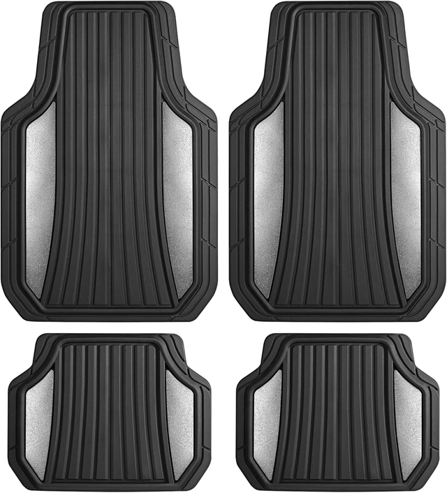 Main image of ChromeTech Car Floor Mats Full Set - Durable Rubber Floor Mats for Cars with Two Tone Accent, All Weather Interior Protection for Front and Rear with Non-Slip Backing, Silver Chrome