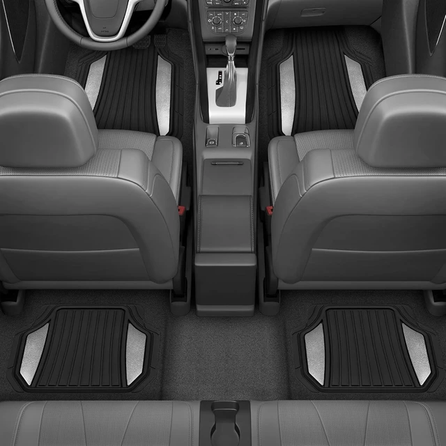 Alt view image 2 of 7 - ChromeTech Car Floor Mats Full Set - Durable Rubber Floor Mats for Cars with Two Tone Accent, All Weather Interior Protection for Front and Rear with Non-Slip Backing, Silver Chrome