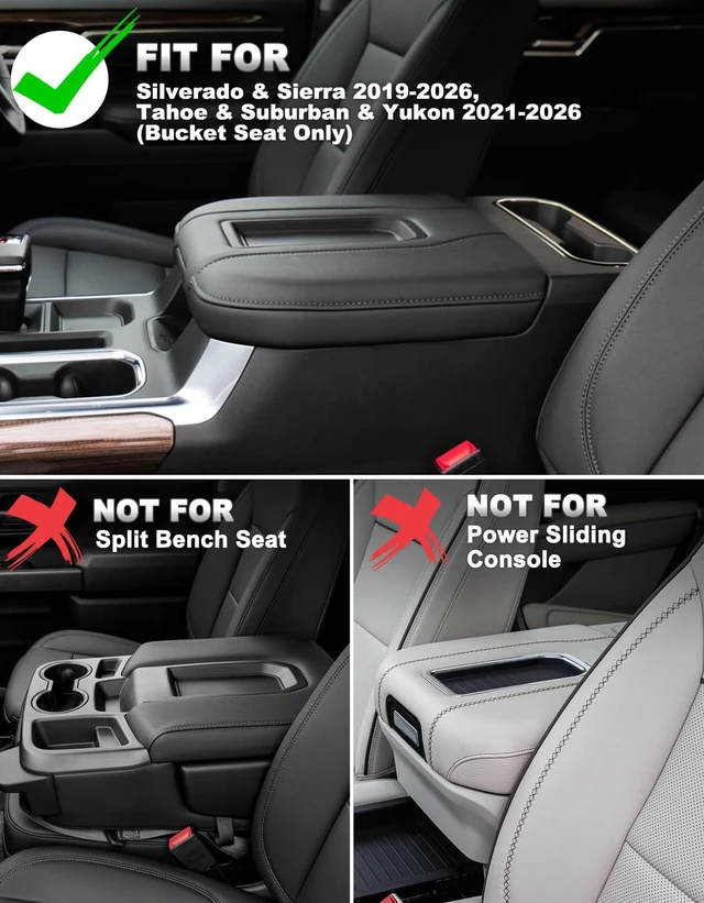 Alt view image 2 of 7 - Center Console Armrest Cover for GMC Sierra & Chevy Silverado 2019-2026, Tahoe & Yukon & Suburban 2021-2026, Floor Console Bucket Seat Only, Vinyl Leather Trim, Scratchproof, Black