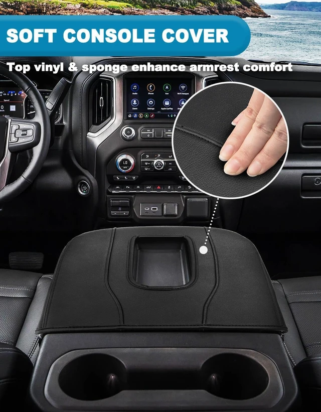 Alt view image 3 of 7 - Center Console Armrest Cover for GMC Sierra & Chevy Silverado 2019-2026, Tahoe & Yukon & Suburban 2021-2026, Floor Console Bucket Seat Only, Vinyl Leather Trim, Scratchproof, Black