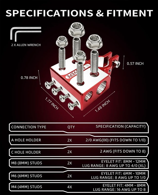Alt view image 5 of 7 - 12-Way Car Battery Terminal Connectors, 2/0 & 2 AWG, M8/M6/M4 Studs