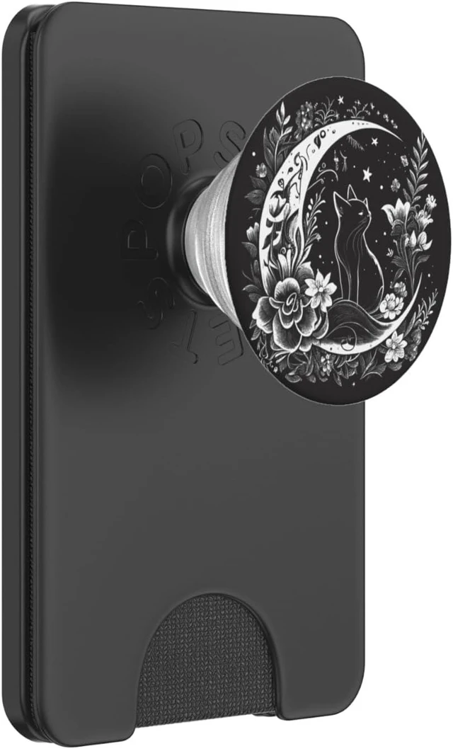 Main image of Cat Sitting On Crescent Moon Flowers Stars Drawing Women PopSockets PopWallet for MagSafe