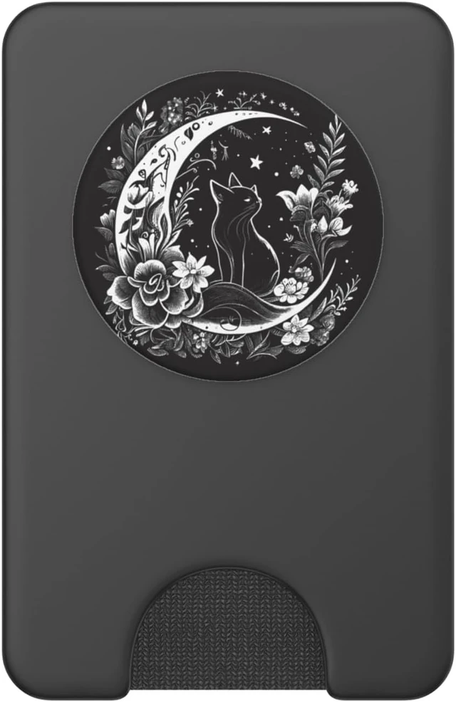 Alt view image 2 of 6 - Cat Sitting On Crescent Moon Flowers Stars Drawing Women PopSockets PopWallet for MagSafe