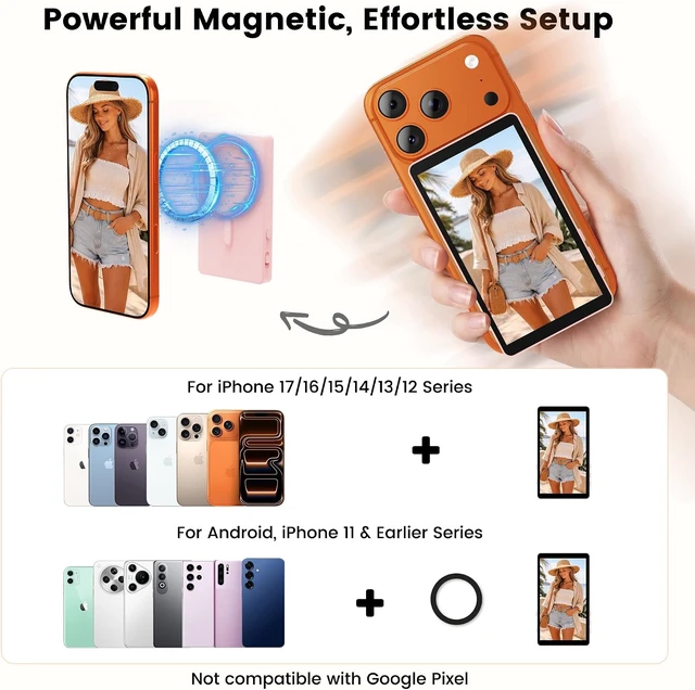Alt view image 2 of 7 - Magnetic Selfie Monitor Screen for iPhone & Android, 4K Wireless Vlog Screen with Remote, 180° Rotation & Screen Mirroring Content Creator Essentials for TikTok, YouTube Live Streaming (Pink)