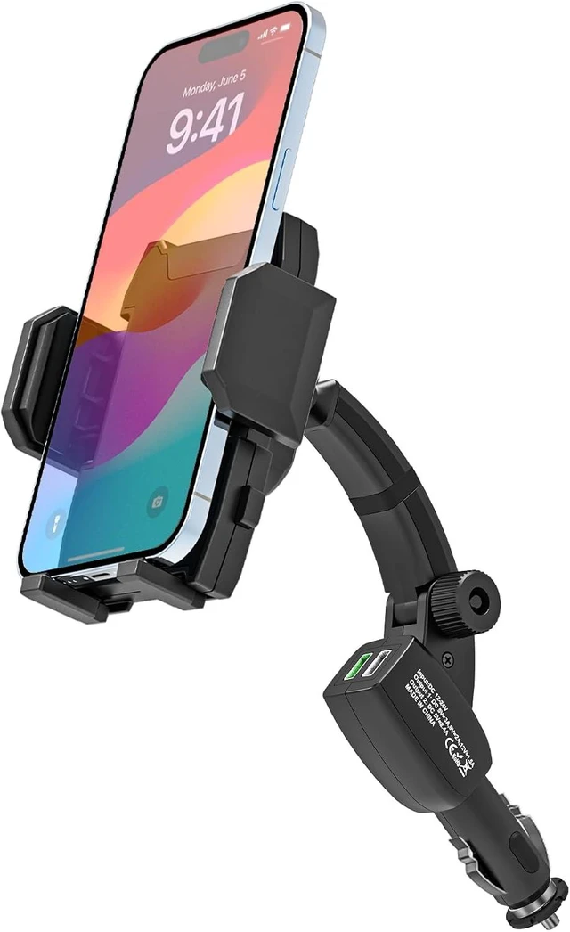 Main image of Cigarette Lighter Car Phone Holder - Dual USB Fast Charging Cell Phone Mount for Car Charger with Adjustable Arm for iPhone Air 17 Pro Max 16 15 14 13 12 11, S25 and More 4.7 to 7" Smartphones