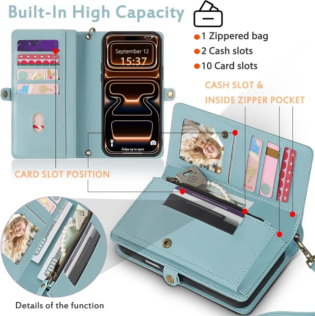 Alt view image 3 of 7 - for Wallet Case Compatible with iPhone 17/18 Pro Max,Multi-Function Detachable Magnetic iPhone 17/18 Pro Max Wallet,Flip Strap Zipper Card Holder Phone Case with Shoulder Straps (Blue)