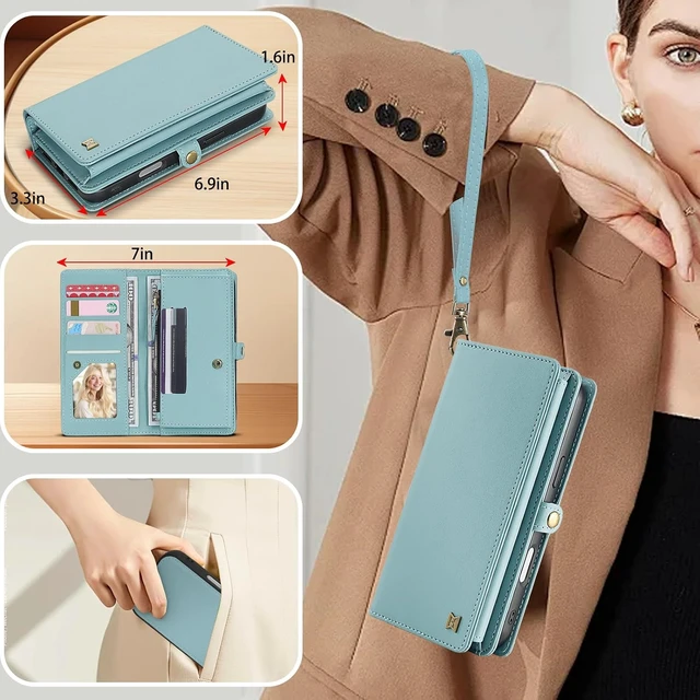 Alt view image 7 of 7 - for Wallet Case Compatible with iPhone 17/18 Pro Max,Multi-Function Detachable Magnetic iPhone 17/18 Pro Max Wallet,Flip Strap Zipper Card Holder Phone Case with Shoulder Straps (Blue)