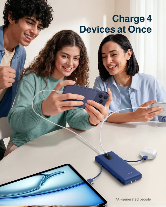 Alt view image 3 of 7 - 10000mAh Portable Charger with Built-in Cables and AC Wall Plug
