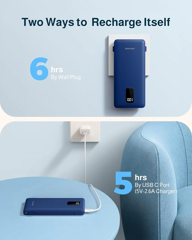 Alt view image 6 of 7 - 10000mAh Portable Charger with Built-in Cables and AC Wall Plug