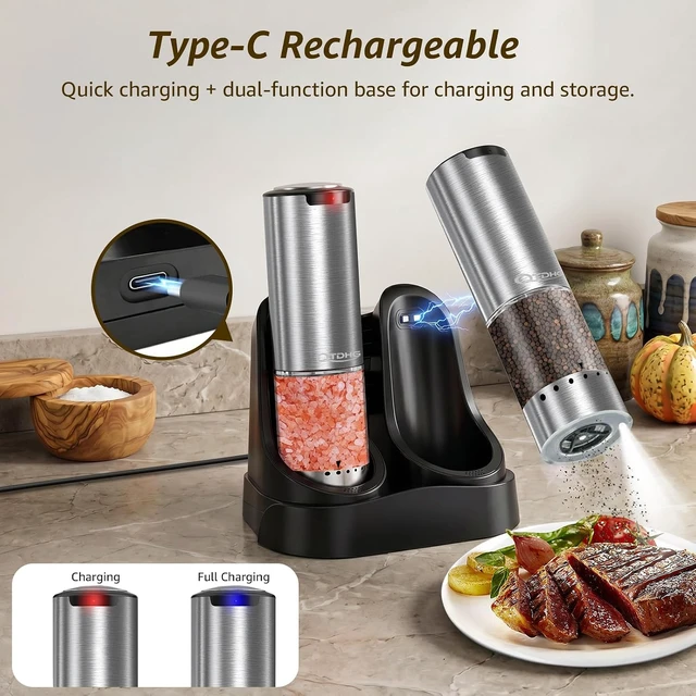 Alt view image 3 of 7 - Electric Salt and Pepper Grinder Set Type-C Charging, 6 Levels, LED Light