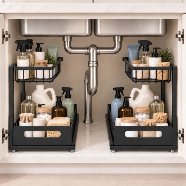 Main image of Under Sink Organizer, 2-Tier Pull-Out Metal Drawer, 2 Pack