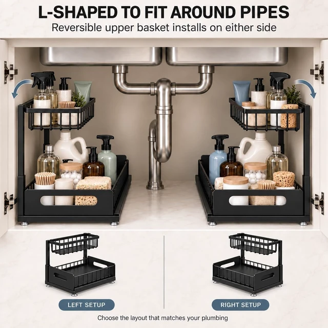 Alt view image 4 of 7 - Under Sink Organizer, 2-Tier Pull-Out Metal Drawer, 2 Pack