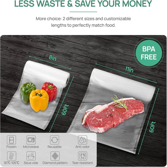 Alt view image 2 of 7 - Vacuum Sealer Bags 2 pack 11''x60' Rolls for Food, Seal a Meal, Commercial Grade, BPA Free, Commercial Grade, Great for Storage, Meal prep and Sous Vide