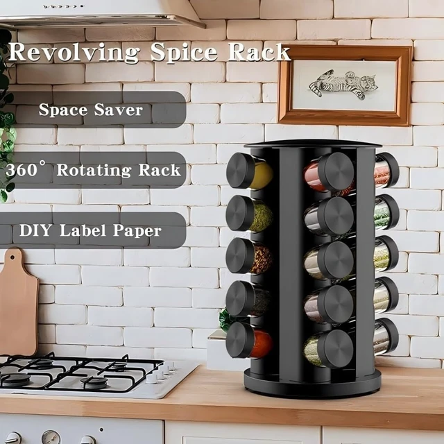 Alt view image 3 of 7 - Rotating Spice Rack Organizer for Cabinet, Spice Racks Storage with 20 Jars, Spinning Spice rack for Kitchen Countertop, Spice Holder,Seasoing Storage Racks, Black