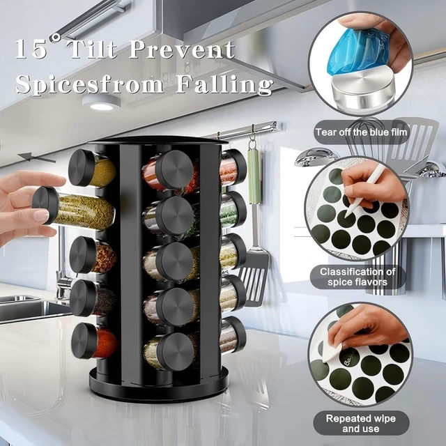 Alt view image 4 of 7 - Rotating Spice Rack Organizer for Cabinet, Spice Racks Storage with 20 Jars, Spinning Spice rack for Kitchen Countertop, Spice Holder,Seasoing Storage Racks, Black