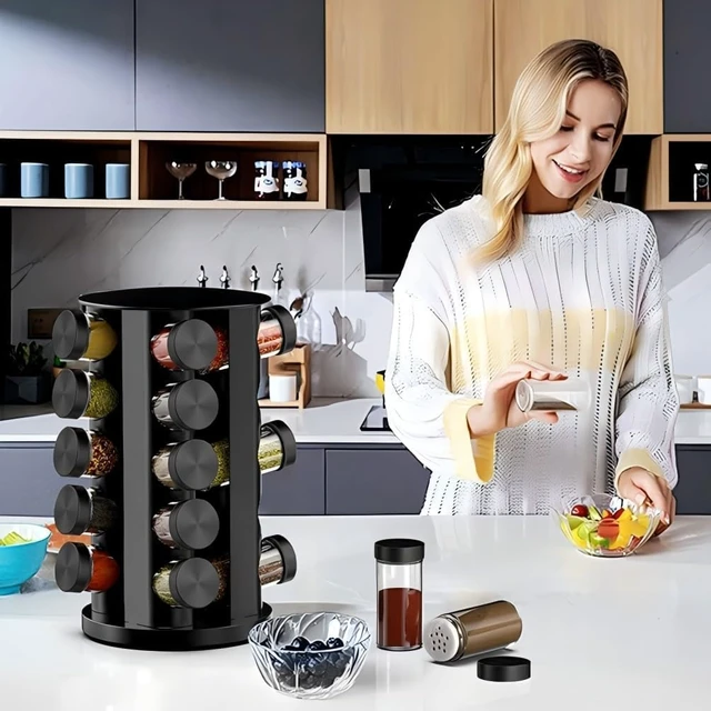 Alt view image 5 of 7 - Rotating Spice Rack Organizer for Cabinet, Spice Racks Storage with 20 Jars, Spinning Spice rack for Kitchen Countertop, Spice Holder,Seasoing Storage Racks, Black