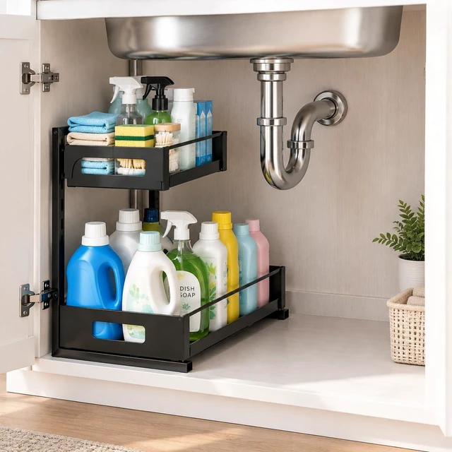 Main image of Under Sink Organizer, Adjustable Height 2 Tier Pull Out Cabinet Organizer
