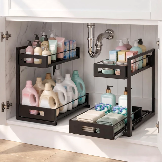 Alt view image 2 of 6 - Under Sink Organizer, Adjustable Height 2 Tier Pull Out Cabinet Organizer