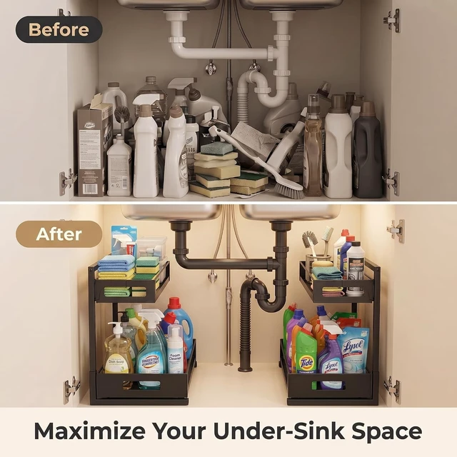 Alt view image 3 of 6 - Under Sink Organizer, Adjustable Height 2 Tier Pull Out Cabinet Organizer