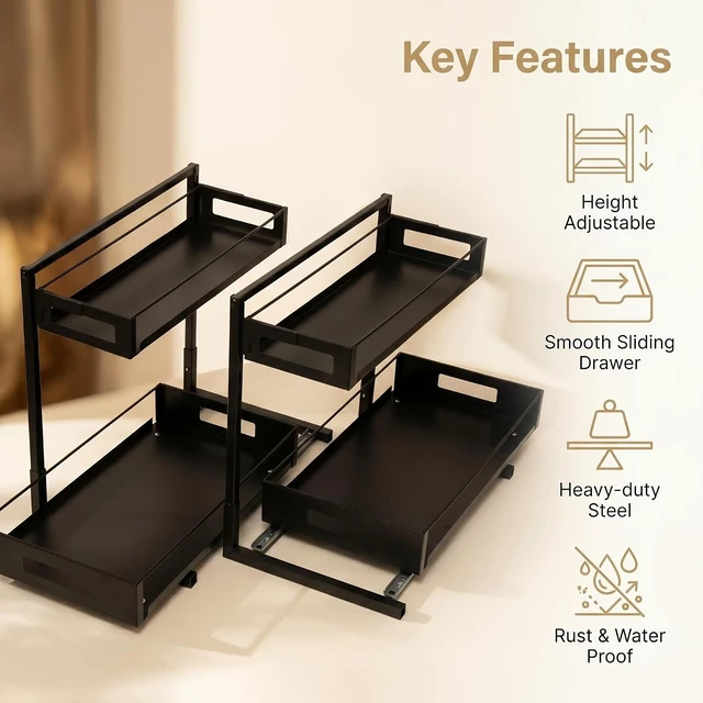 Alt view image 4 of 6 - Under Sink Organizer, Adjustable Height 2 Tier Pull Out Cabinet Organizer