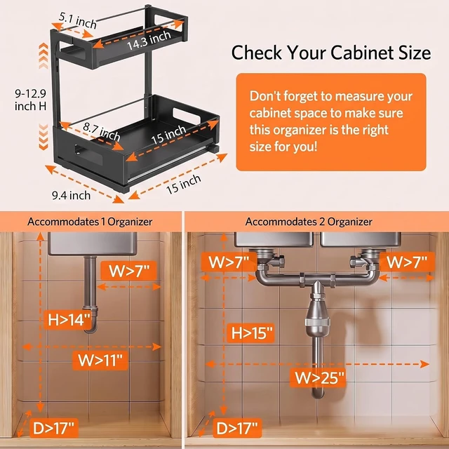 Alt view image 5 of 6 - Under Sink Organizer, Adjustable Height 2 Tier Pull Out Cabinet Organizer