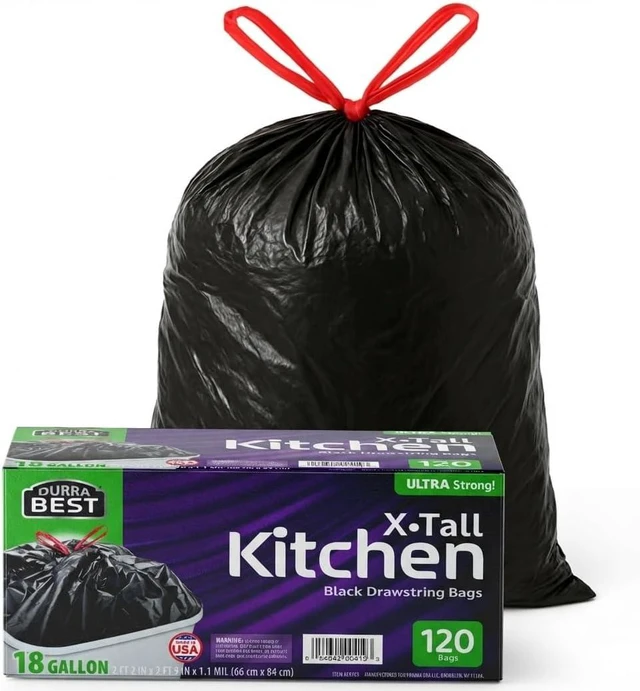 Main image of Heavy-Duty Trash Bags 120 count, 18 Gallon Black, Ultra Thick Drawstring Garbage Bags Leak-Resistant for Home & Commercial Use, Big Trash Bags, Made in USA