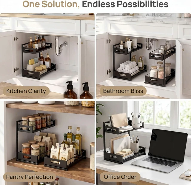 Alt view image 6 of 6 - Under Sink Organizer, Adjustable Height 2 Tier Pull Out Cabinet Organizer