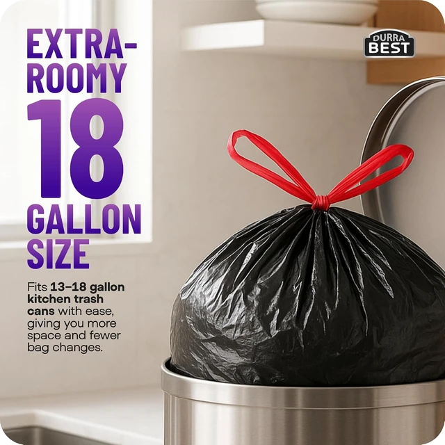 Alt view image 2 of 7 - Heavy-Duty Trash Bags 120 count, 18 Gallon Black, Ultra Thick Drawstring Garbage Bags Leak-Resistant for Home & Commercial Use, Big Trash Bags, Made in USA