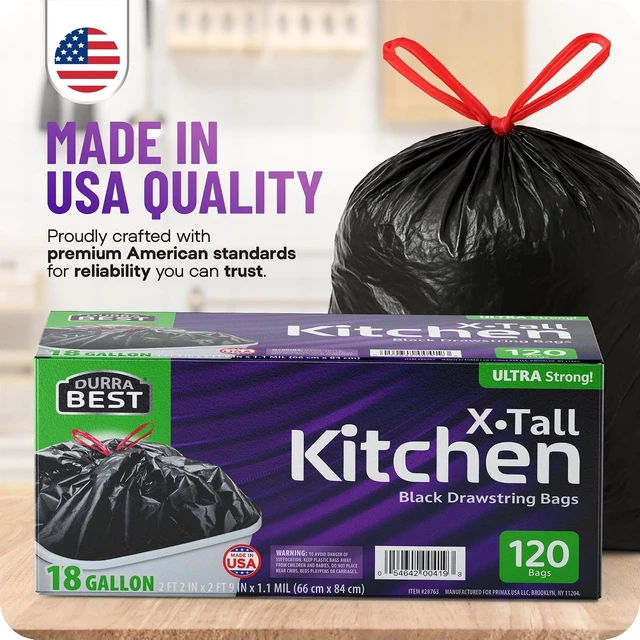 Alt view image 4 of 7 - Heavy-Duty Trash Bags 120 count, 18 Gallon Black, Ultra Thick Drawstring Garbage Bags Leak-Resistant for Home & Commercial Use, Big Trash Bags, Made in USA