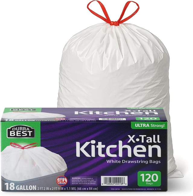 Main image of Heavy-Duty Trash Bags 120 count, 18 Gallon White, Ultra Thick Drawstring Garbage Bags Leak-Resistant for Home & Commercial Use, Big Trash Bags, Made in USA