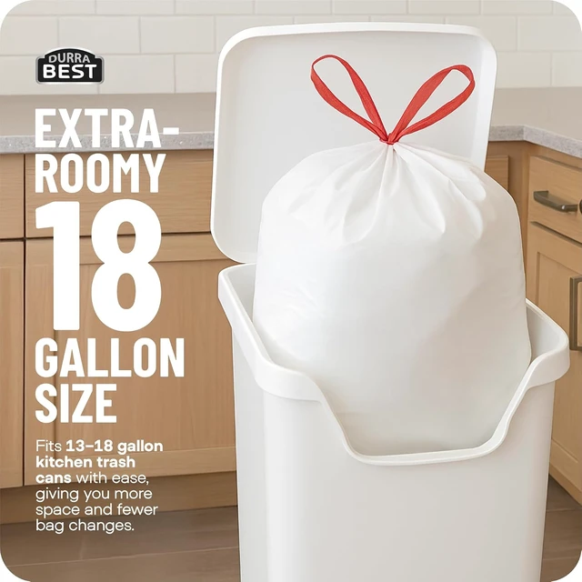 Alt view image 2 of 7 - Heavy-Duty Trash Bags 120 count, 18 Gallon White, Ultra Thick Drawstring Garbage Bags Leak-Resistant for Home & Commercial Use, Big Trash Bags, Made in USA