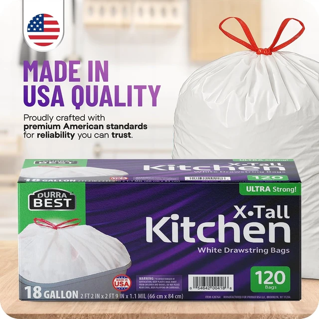 Alt view image 4 of 7 - Heavy-Duty Trash Bags 120 count, 18 Gallon White, Ultra Thick Drawstring Garbage Bags Leak-Resistant for Home & Commercial Use, Big Trash Bags, Made in USA