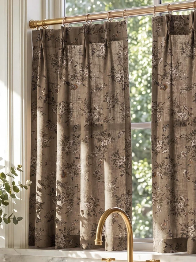 Main image of Pinch Pleated Cafe Curtains 36 inch Length, Khaki Floral Print