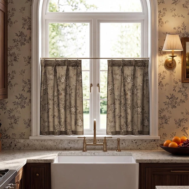Alt view image 2 of 7 - Pinch Pleated Cafe Curtains 36 inch Length, Khaki Floral Print