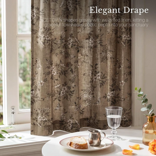 Alt view image 3 of 7 - Pinch Pleated Cafe Curtains 36 inch Length, Khaki Floral Print