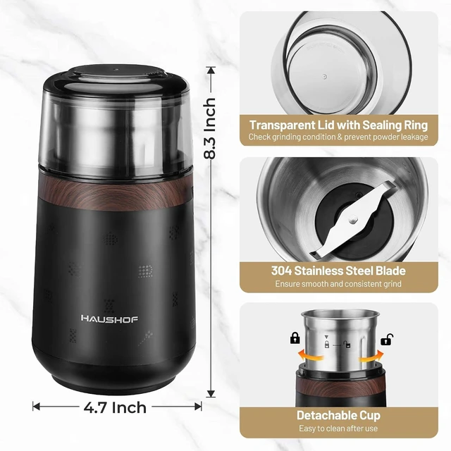 Alt view image 3 of 7 - HAUSHOF Electric Coffee Grinder, One Touch Coffee Bean and Spice Grinder