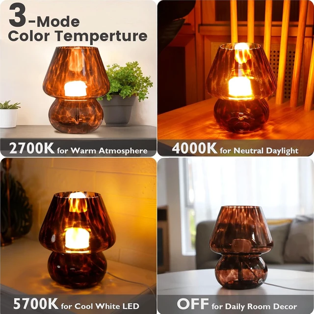 Alt view image 3 of 6 - USB Plug-in Vintage Mushroom Lamp Small Bedside Table Lamp with 3 Temperature LED Bulb,Free Dimming Nights Light for Bedroom/Living Room/Entryway/Corner Decor New Home Gift (Golden Amber)