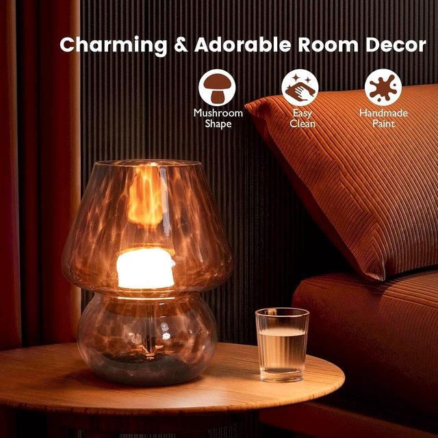 Alt view image 4 of 6 - USB Plug-in Vintage Mushroom Lamp Small Bedside Table Lamp with 3 Temperature LED Bulb,Free Dimming Nights Light for Bedroom/Living Room/Entryway/Corner Decor New Home Gift (Golden Amber)