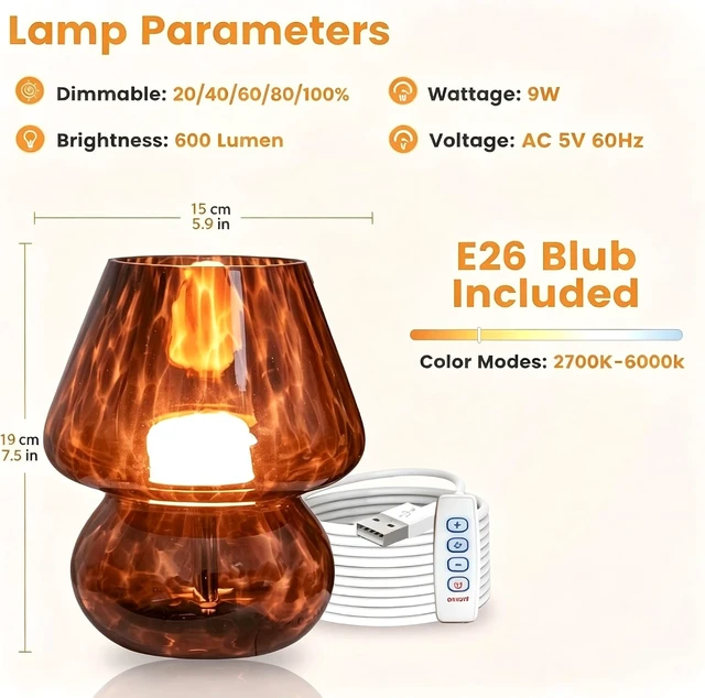 Alt view image 6 of 6 - USB Plug-in Vintage Mushroom Lamp Small Bedside Table Lamp with 3 Temperature LED Bulb,Free Dimming Nights Light for Bedroom/Living Room/Entryway/Corner Decor New Home Gift (Golden Amber)