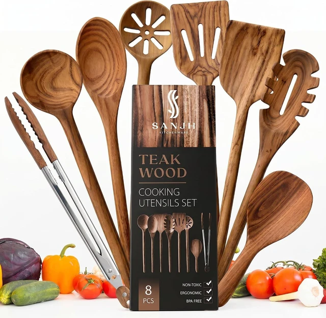 Main image of Teak Wooden Utensil Set for Cooking - 8 Piece Teak Wooden Spoons Set